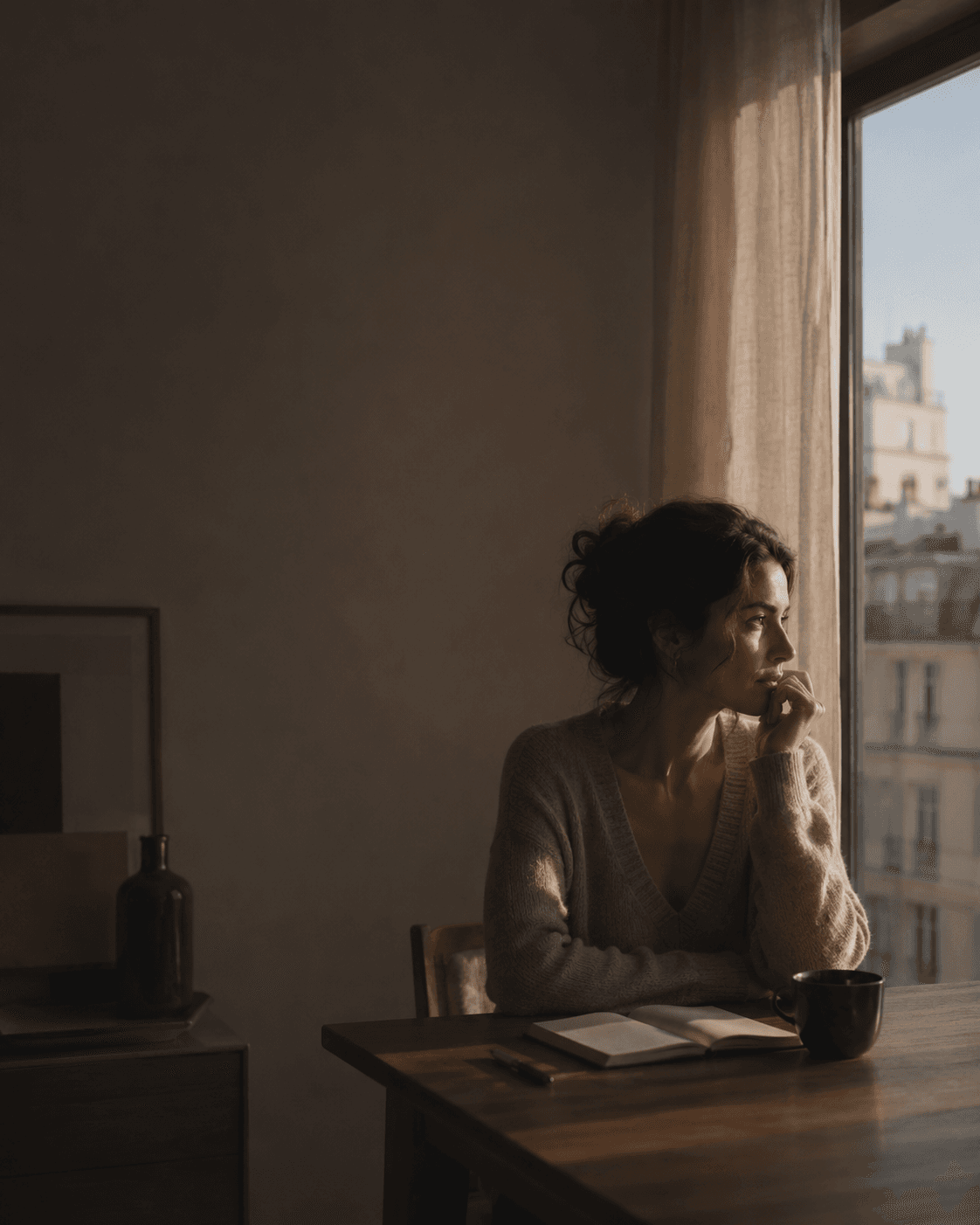 Personne contemplative dans une lumière matinale froide.