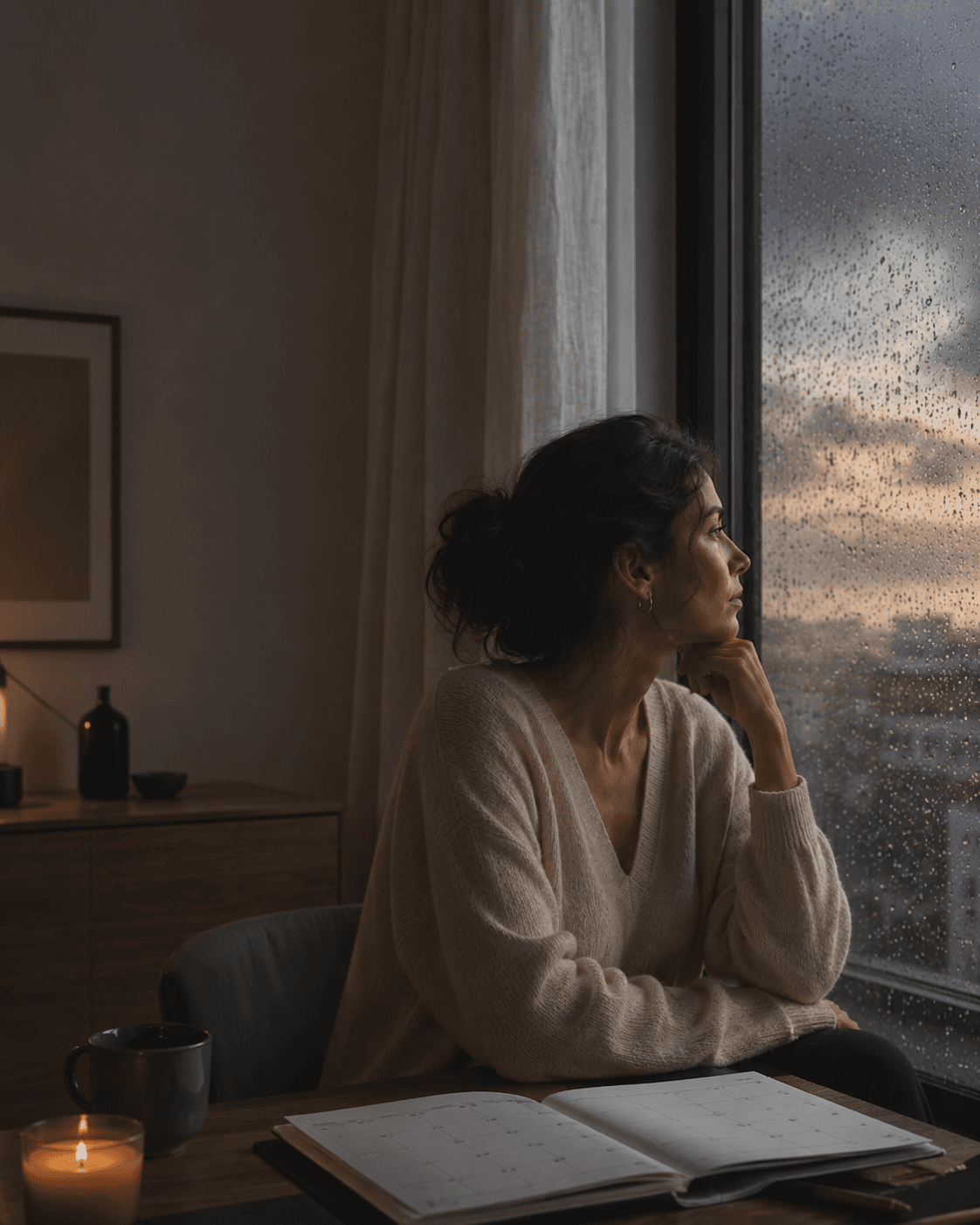 Moment calme sous la pluie près d'une fenêtre.