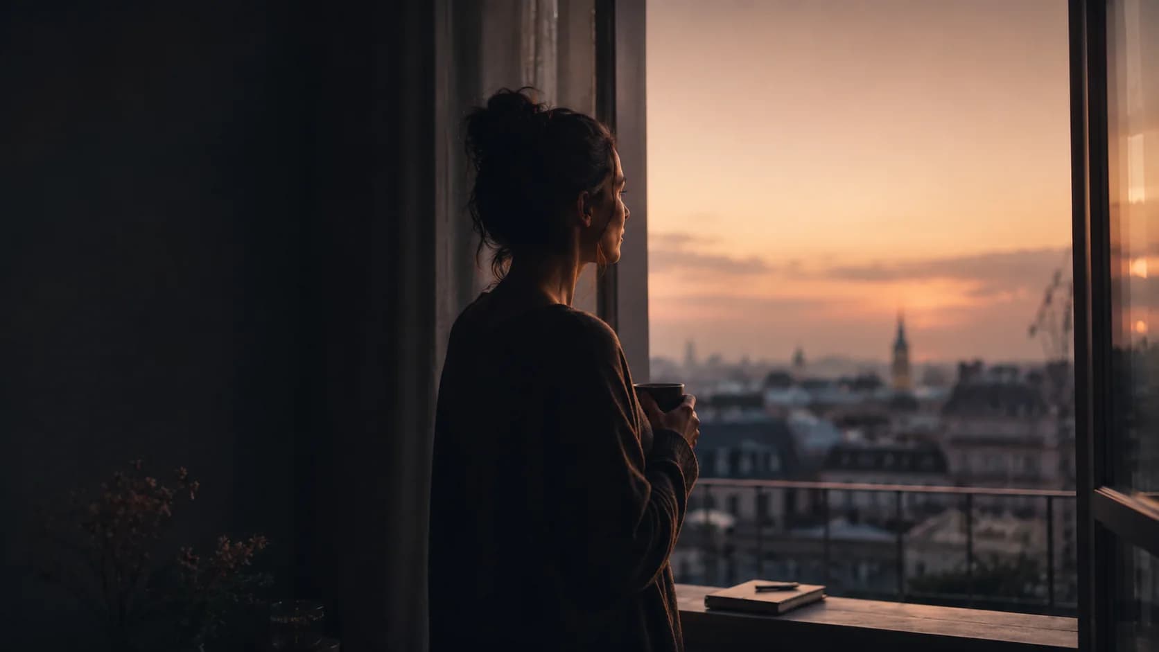 Lumière de l'aube sur une scène calme et introspective.