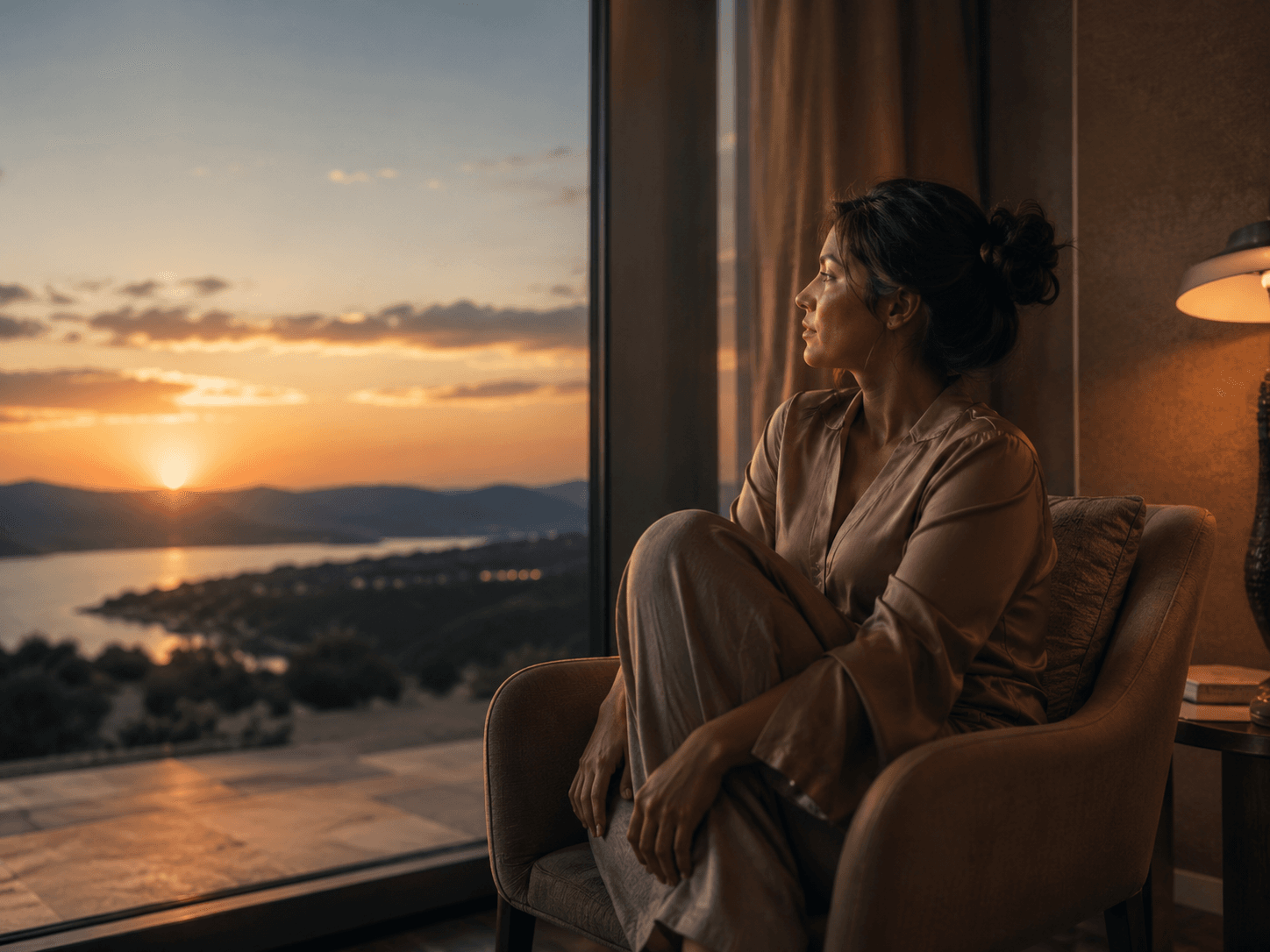 Femme assise près d'une baie vitrée, absorbée par une question intérieure au coucher du soleil.