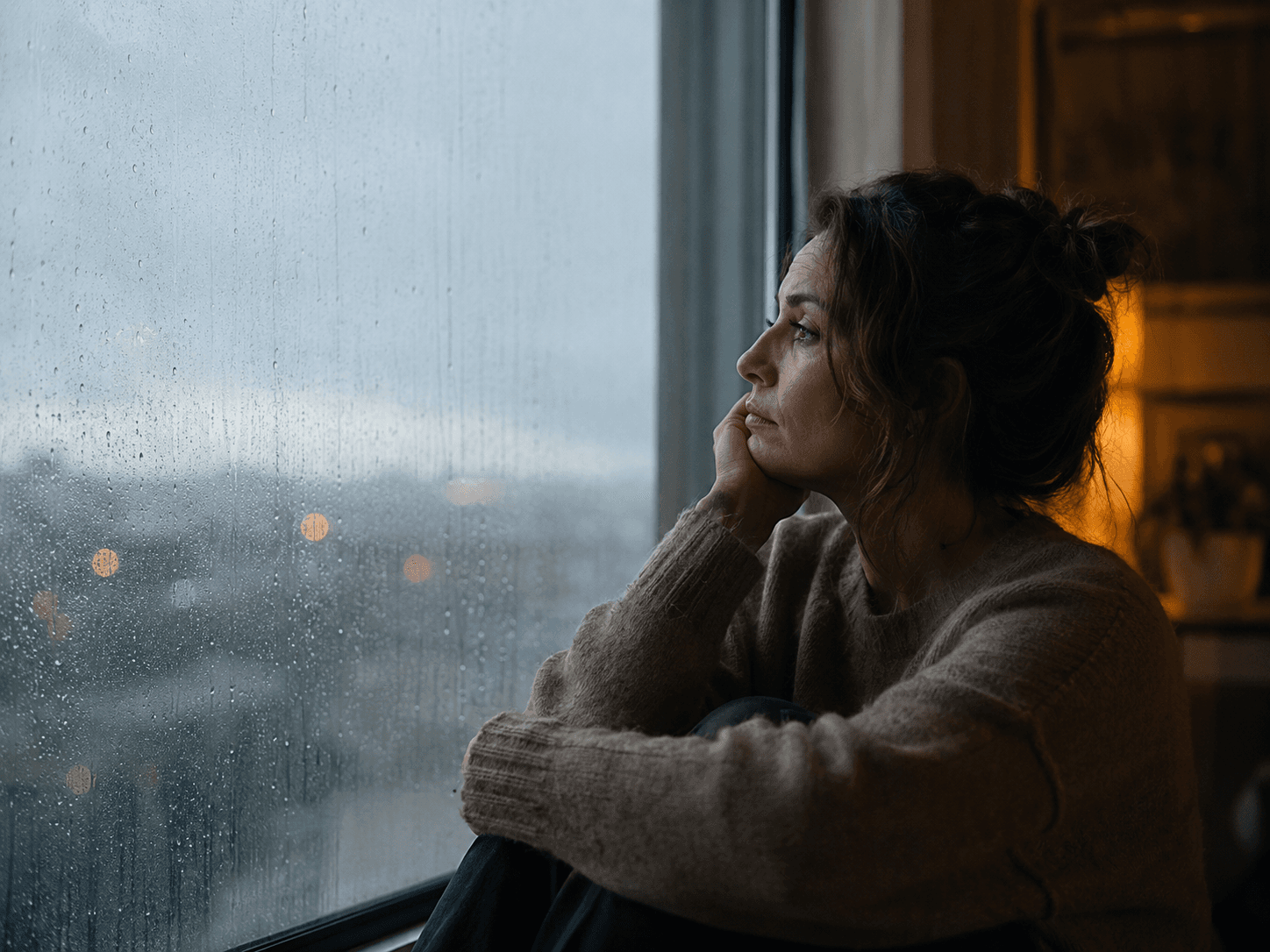 Personne près d'une fenêtre sous la pluie, dans une atmosphère intime et silencieuse.